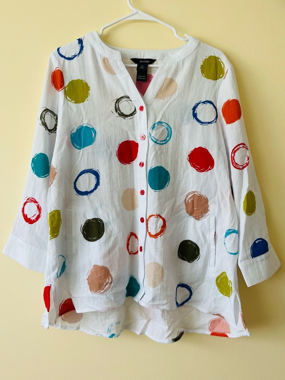 Ali Miles Artsy 3/4 sleeve tunic top dot print white multi color sz M